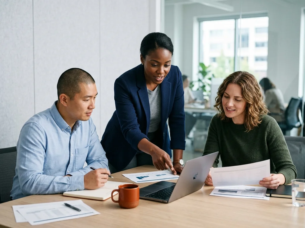 Tres profesionales colaborando en una oficina moderna para representar la sinergia y el trabajo corporativo.